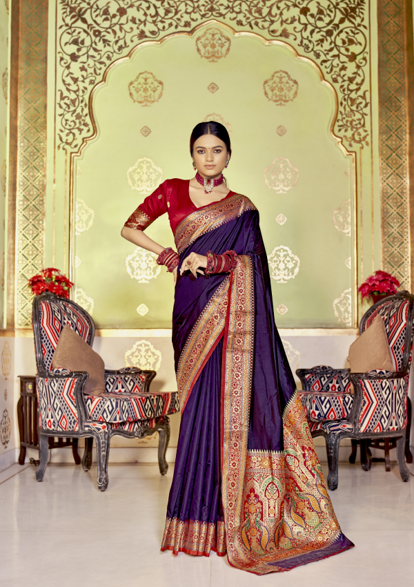 Purple raw silk weaving saree with temple woven border and contrast pallu  with contrast blouse piece – Meshira